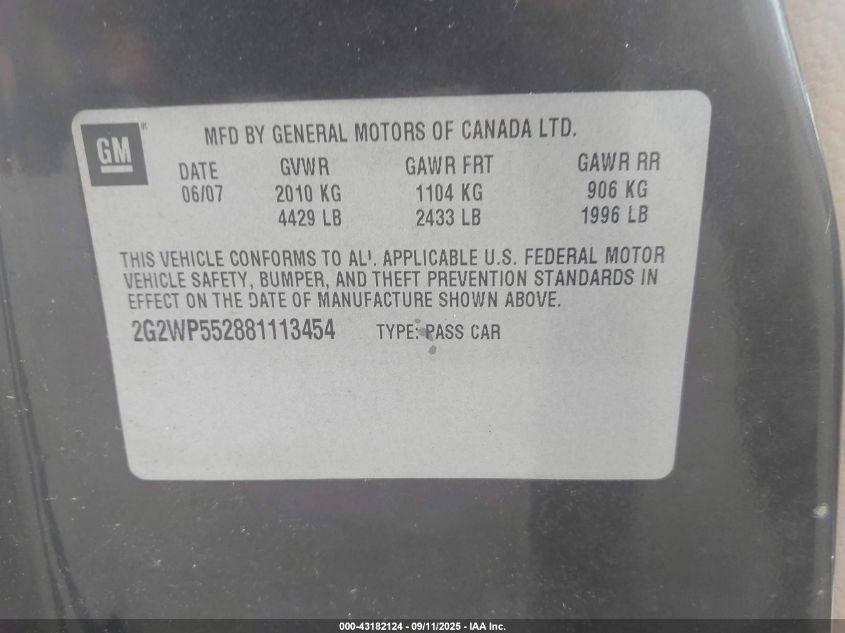 2008 Pontiac Grand Prix VIN: 2G2WP552881113454 Lot: 43182124