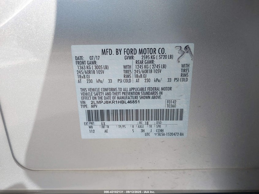 2017 LINCOLN MKX SELECT - 2LMPJ8KR1HBL46851