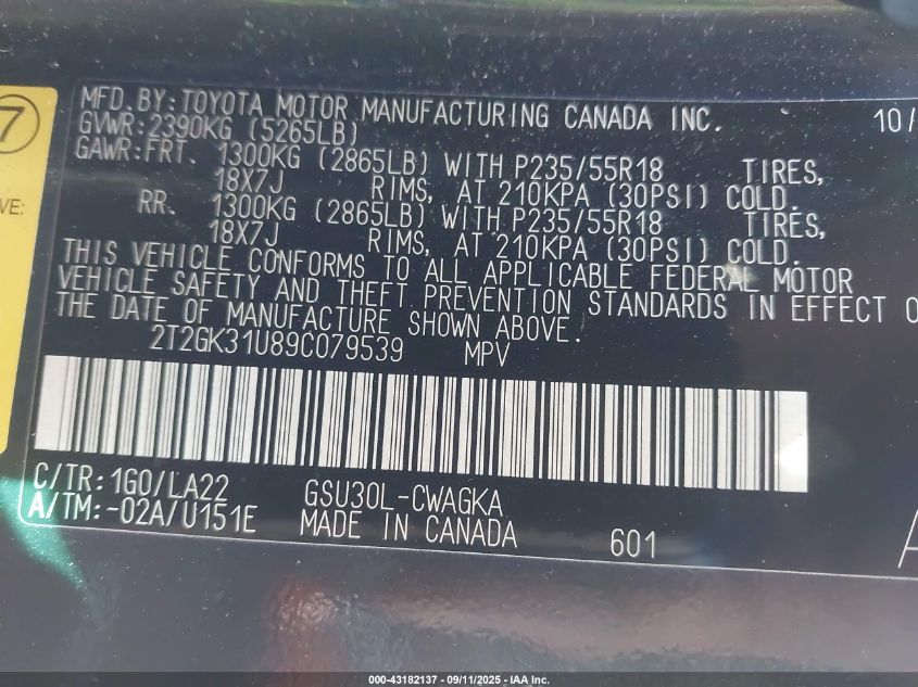 2009 Lexus Rx 350 350 VIN: 2T2GK31U89C079539 Lot: 43182137