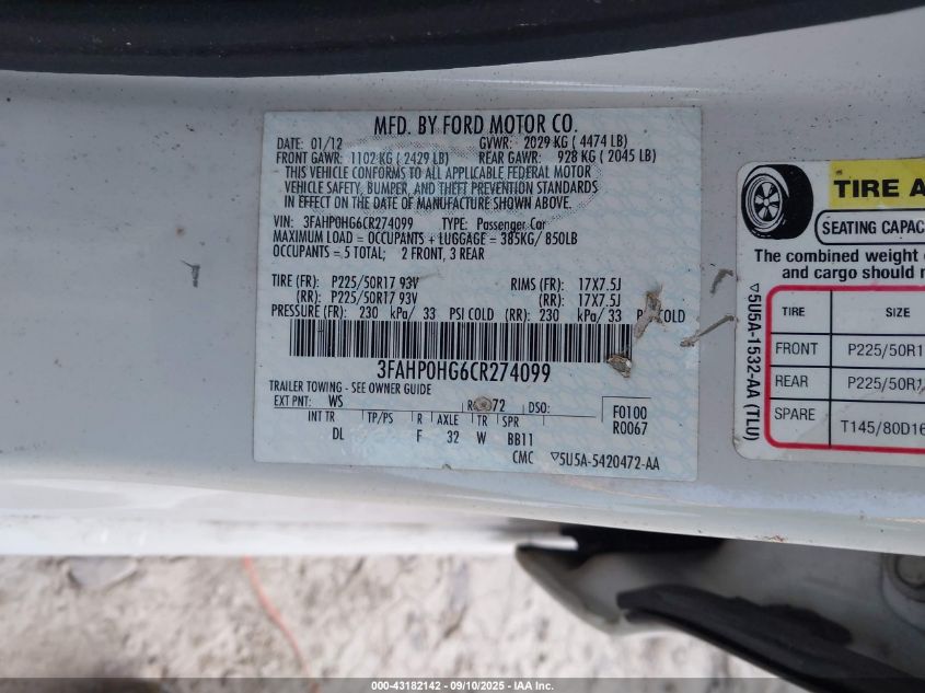 2012 Ford Fusion Se VIN: 3FAHP0HG6CR274099 Lot: 43182142