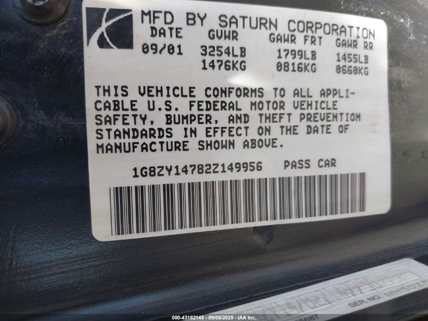 2002 Saturn S-Series Sc2 VIN: 1G8ZY14782Z149956 Lot: 43182145