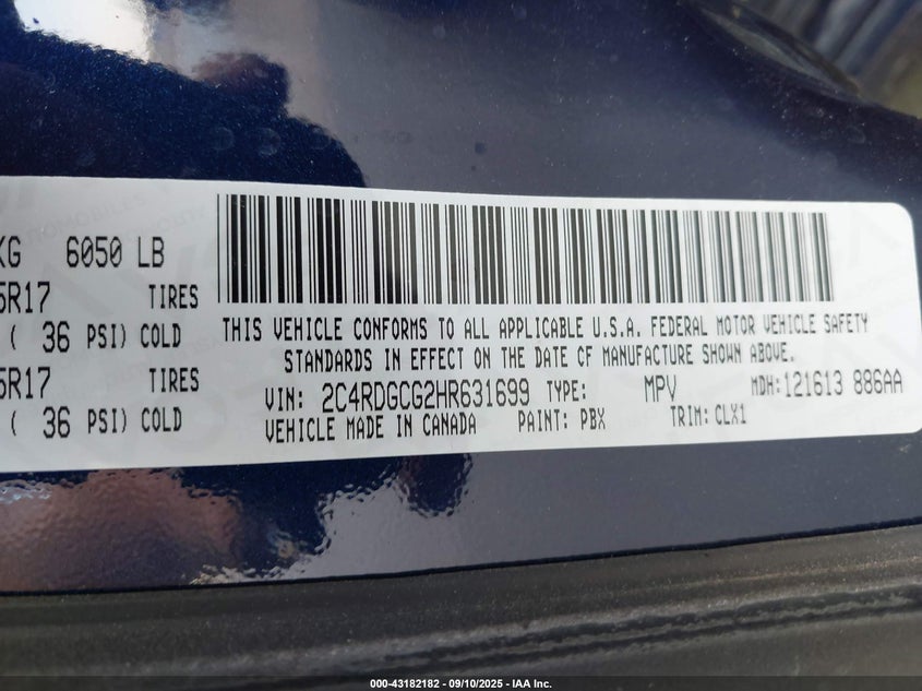 2017 Dodge Grand caravan 3.6 Sxt Blue Lot 111043182182 Vin 2C4RDGCG2HR631699