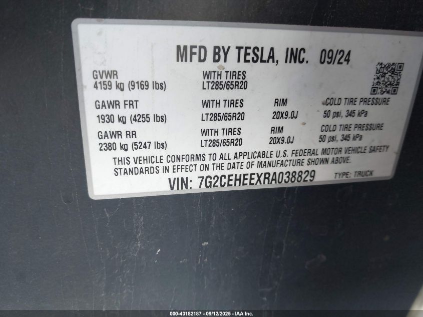 2024 Tesla Cybertruck Cyberbeast VIN: 7G2CEHEEXRA038829 Lot: 43182187