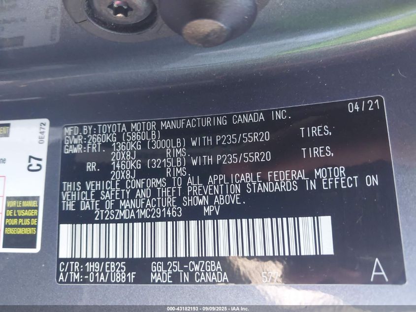 2021 Lexus Rx 350 F Sport Appearance VIN: 2T2SZMDA1MC291463 Lot: 43182193