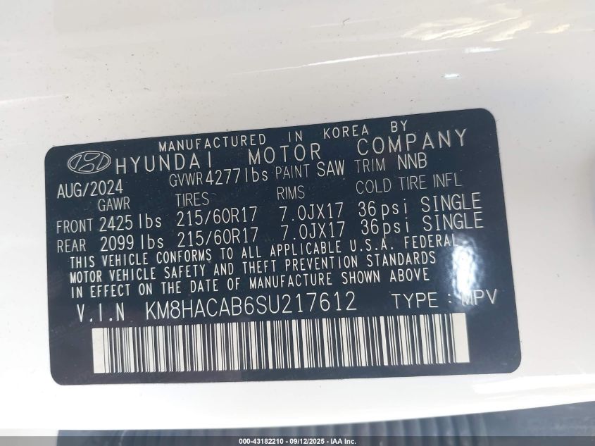 2025 Hyundai Kona Se VIN: KM8HACAB6SU217612 Lot: 43182210