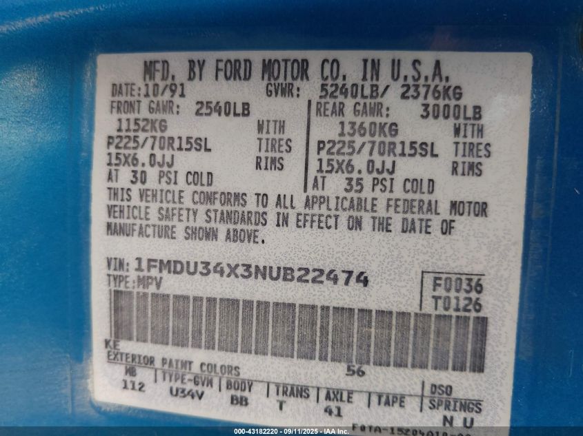1992 Ford Explorer VIN: 1FMDU34X3NUB22474 Lot: 43182220