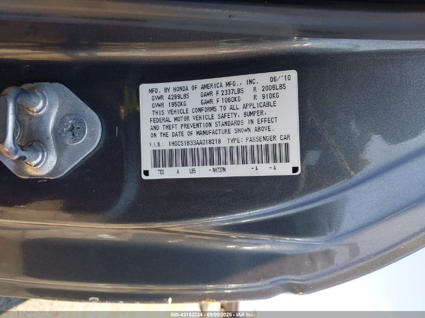 2010 Honda Accord 2.4 Lx-S VIN: 1HGCS1B33AA018218 Lot: 43182234