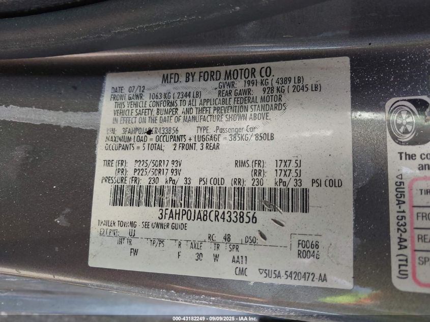 2012 Ford Fusion Sel VIN: 3FAHP0JA8CR433856 Lot: 43182249