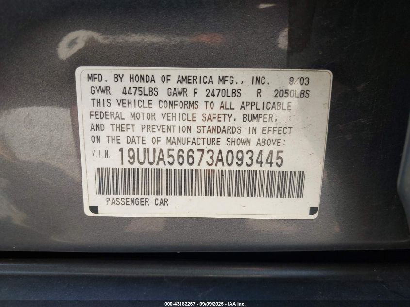 2003 Acura Tl 3.2 VIN: 19UUA56673A093445 Lot: 43182267