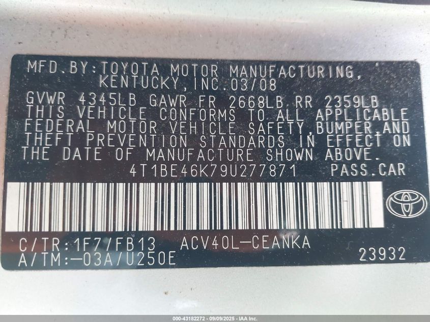 2009 Toyota Camry Le VIN: 4T1BE46K79U277871 Lot: 43182272