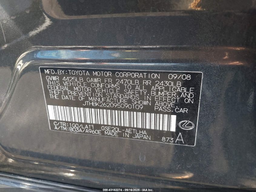 2009 Lexus Is 250 VIN: JTHBK262095090109 Lot: 43182274