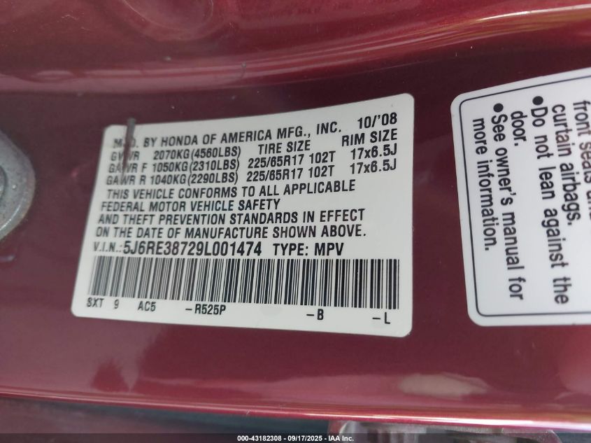 2009 Honda Cr-V Ex-L VIN: 5J6RE38729L001474 Lot: 43182308