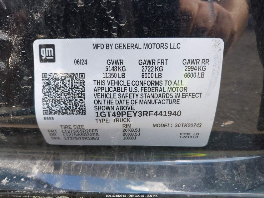 2024 GMC Sierra 2500Hd 4Wd Standard Bed At4 VIN: 1GT49PEY3RF441940 Lot: 43182314