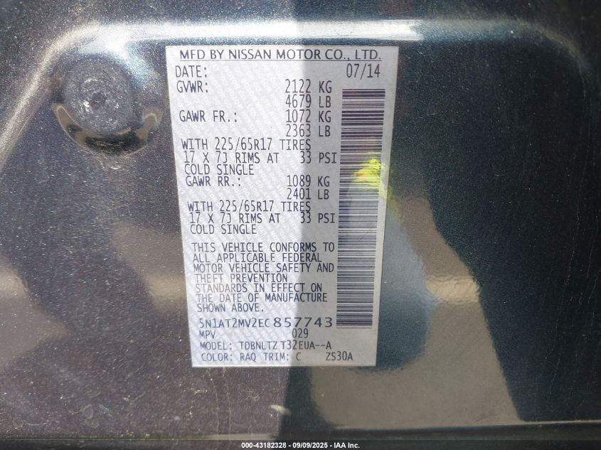 2014 Nissan Rogue Sv VIN: 5N1AT2MV2EC857743 Lot: 43182328