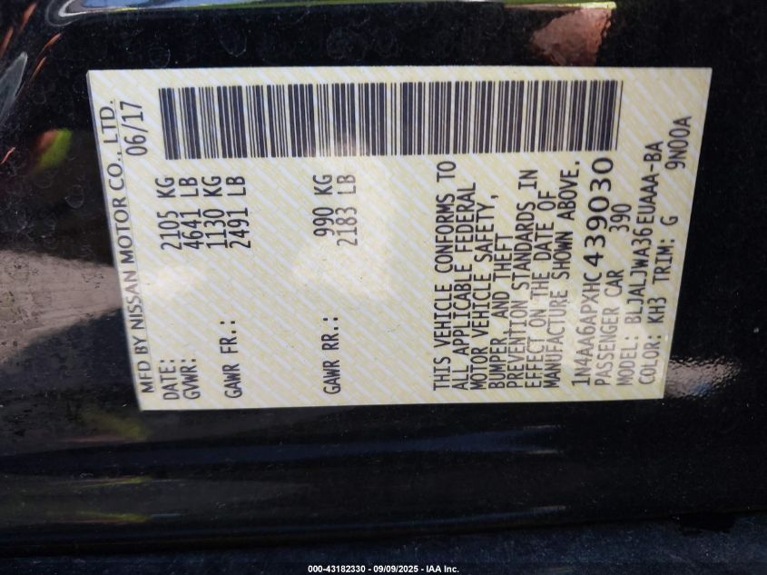 2017 Nissan Maxima 3.5 Sv VIN: 1N4AA6APXHC439030 Lot: 43182330