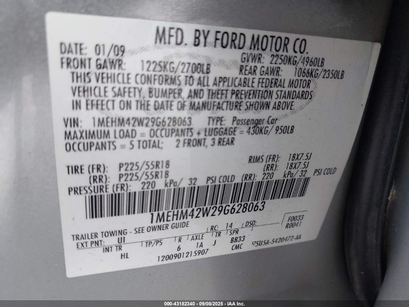 2009 Mercury Sable Premier VIN: 1MEHM42W29G628063 Lot: 43182340