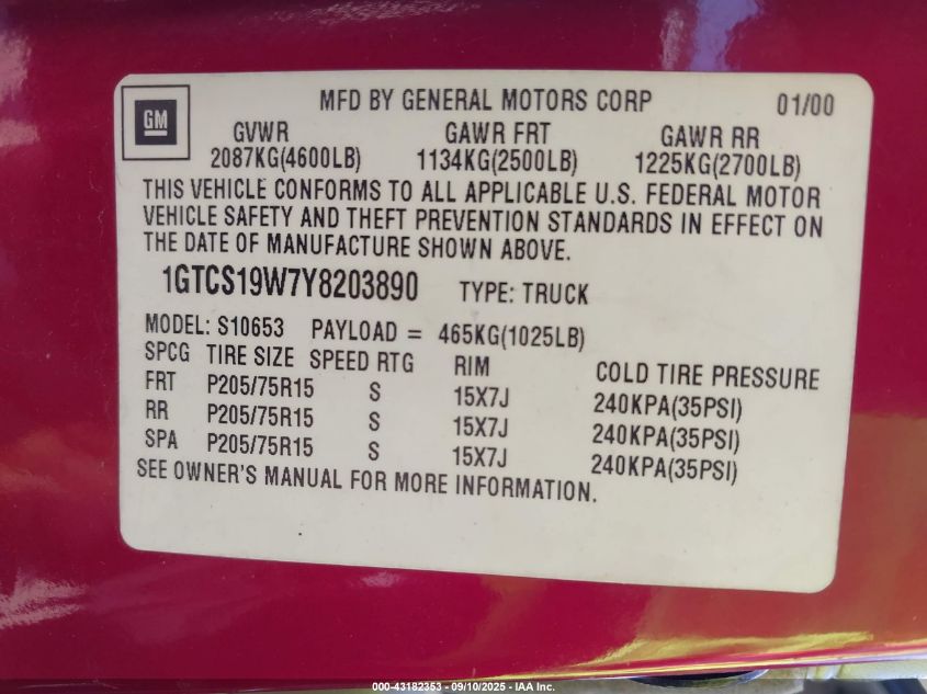 2000 GMC Sonoma Sls VIN: 1GTCS19W7Y8203890 Lot: 43182353