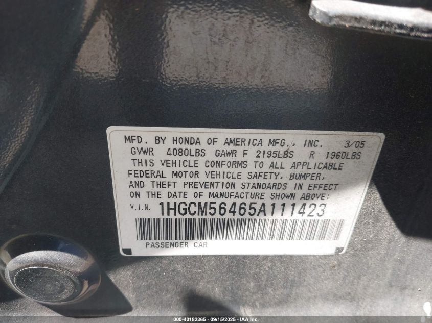 2005 Honda Accord 2.4 Lx VIN: 1HGCM56465A111423 Lot: 43182365