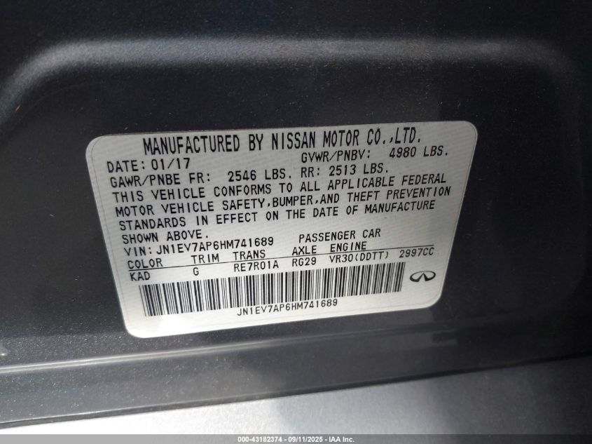 2017 Infiniti Q50 Premium/Sport/Se VIN: JN1EV7AP6HM741689 Lot: 43182374