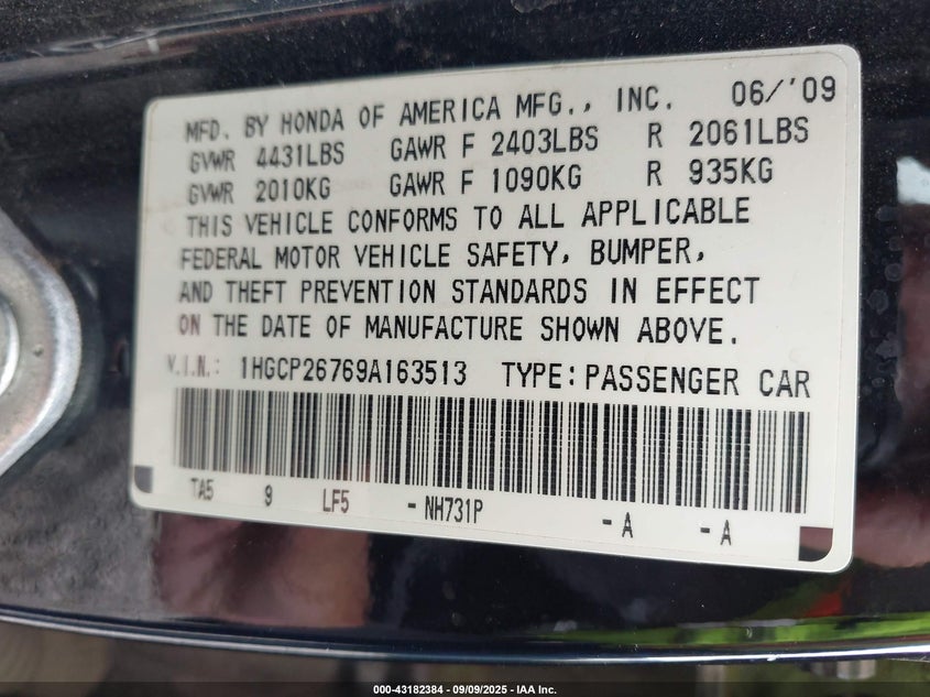 1HGCP26769A163513 2009 HONDA ACCORD photo no. 9