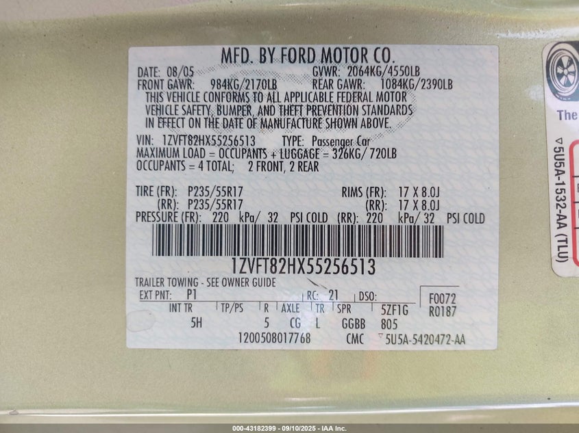 2005 Ford Mustang VIN: 1ZVFT82HX55256513 Lot: 43182399