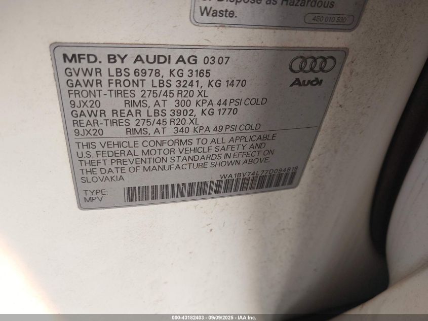2007 Audi Q7 4.2 Premium VIN: WA1BV74L77D094818 Lot: 43182403