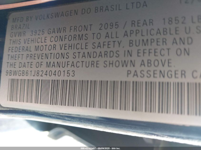 2002 Volkswagen Golf Gls 2.0L VIN: 9BWGB61J824040153 Lot: 43182407