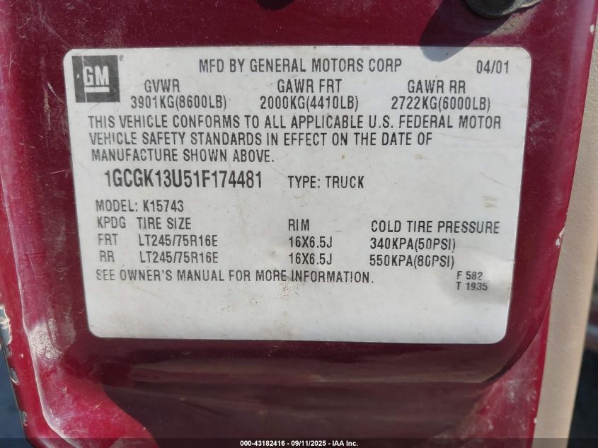 2001 Chevrolet Silverado 1500Hd Ls VIN: 1GCGK13U51F174481 Lot: 43182416