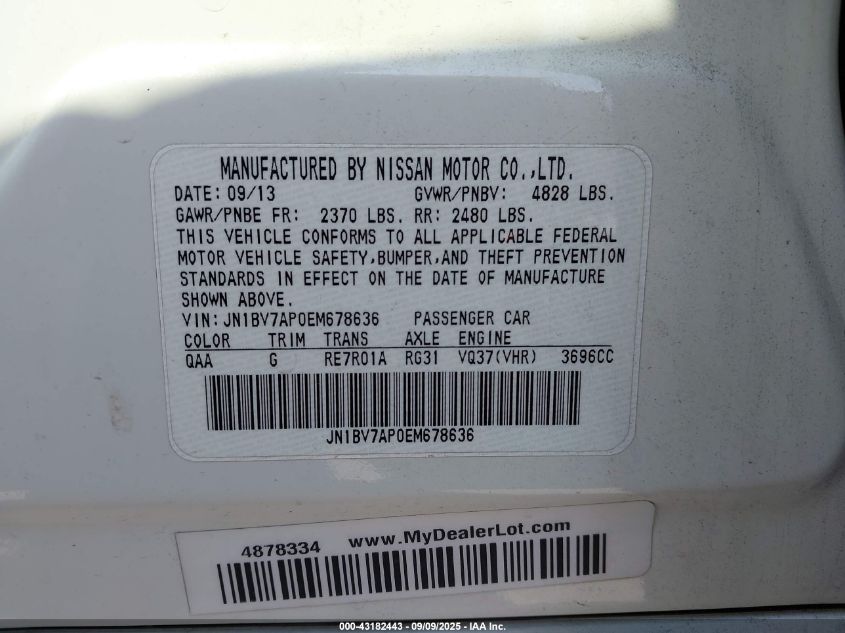 2014 Infiniti Q50 Sport VIN: JN1BV7AP0EM678636 Lot: 43182443