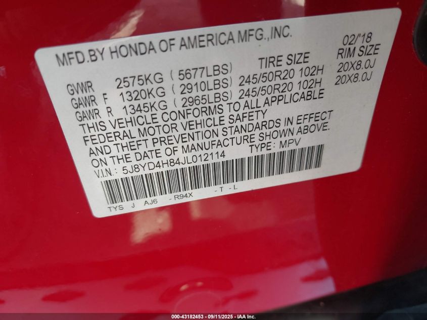 2018 Acura Mdx Advance Package VIN: 5J8YD4H84JL012114 Lot: 43182453