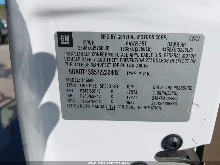 2007 Buick Rainier Cxl VIN: 5GADT13S572232492 Lot: 43182456