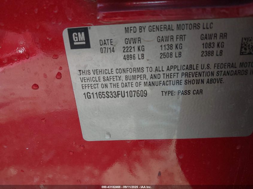 2015 Chevrolet Impala 2Lz VIN: 1G1165S33FU107609 Lot: 43182468