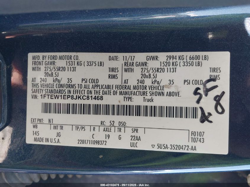 2018 Ford F-150 Xl VIN: 1FTEW1EP8JKC81468 Lot: 43182475