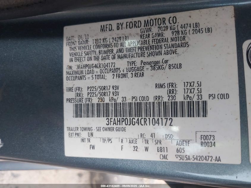 2012 Ford Fusion Sel VIN: 3FAHP0JG4CR104172 Lot: 43182489