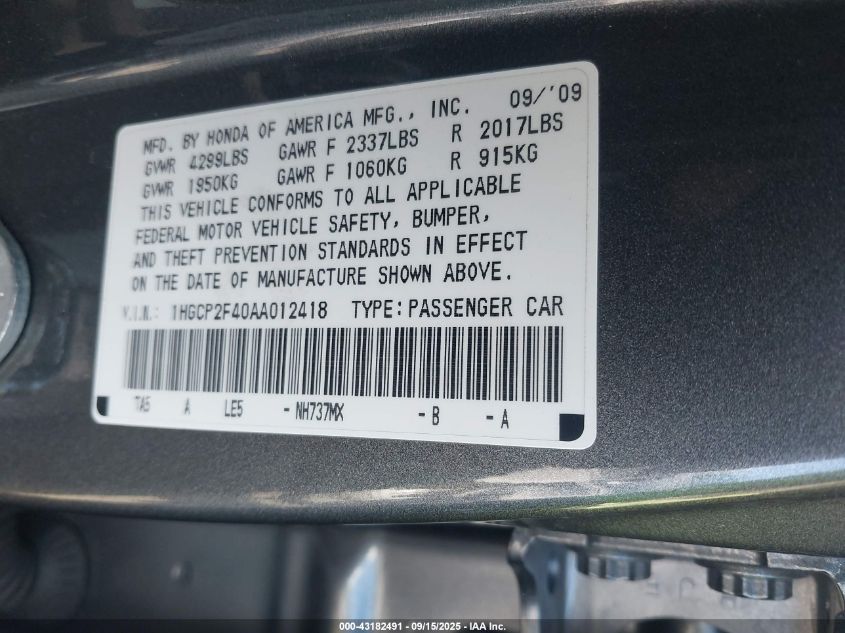 2010 Honda Accord 2.4 Lx-P VIN: 1HGCP2F40AA012418 Lot: 43182491