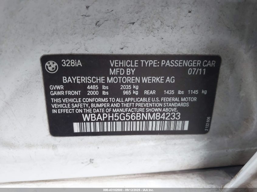 2011 BMW 328I VIN: WBAPH5G56BNM84233 Lot: 43182500