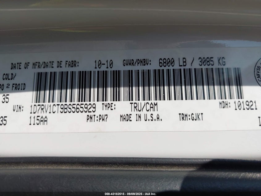 2011 Ram Ram 1500 Laramie VIN: 1D7RV1CT9BS565929 Lot: 43182515