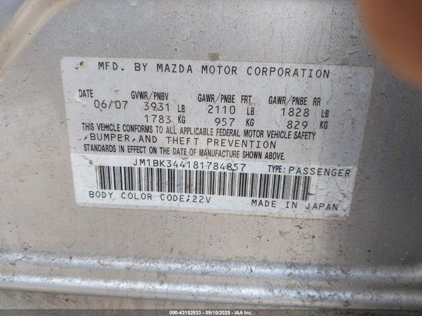 2008 Mazda Mazda3 VIN: JM1BK344181784857 Lot: 43182533