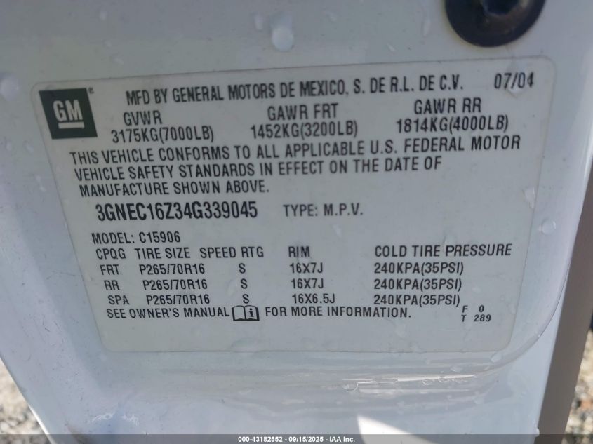 2004 Chevrolet Suburban 1500 Ls VIN: 3GNEC16Z34G339045 Lot: 43182552