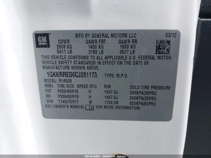 2012 GMC Acadia Slt-1 VIN: 1GKKRRED6CJ281173 Lot: 43182581
