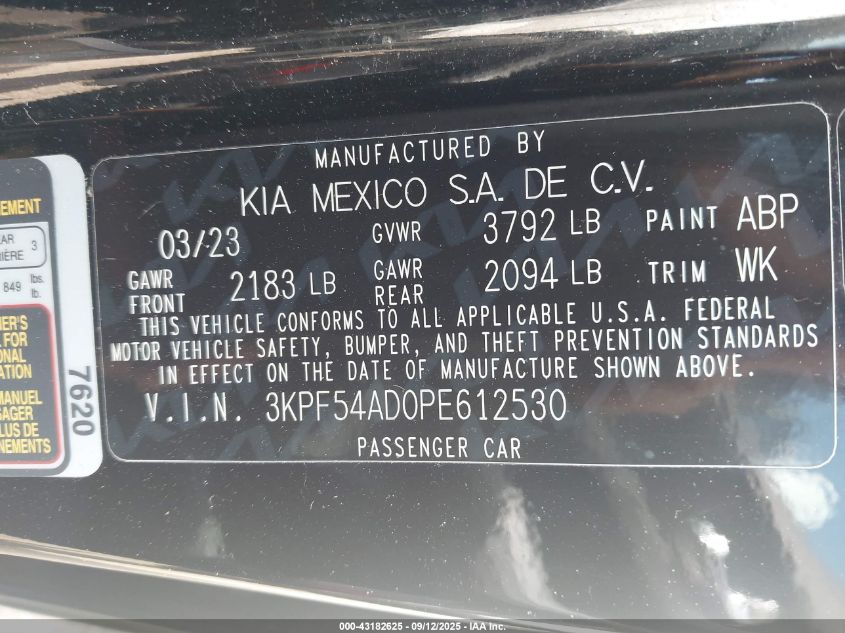 2023 Kia Forte Gt-Line VIN: 3KPF54AD0PE612530 Lot: 43182625