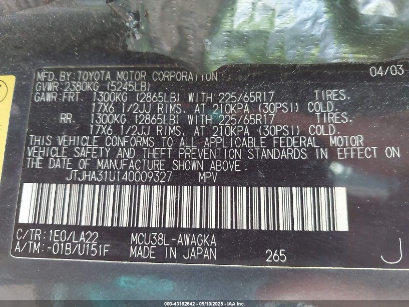 2004 Lexus Rx 330 VIN: JTJHA31U140009327 Lot: 43182642