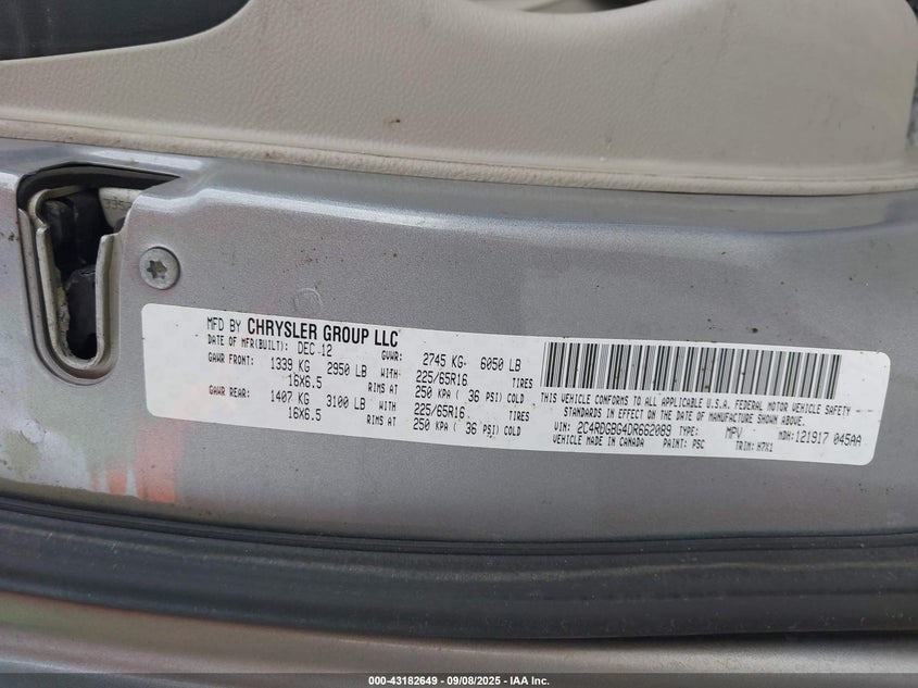 2013 DODGE GRAND CARAVAN AMERICAN VALUE PKG - 2C4RDGBG4DR662089