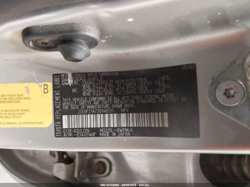 2003 Toyota Highlander Limited V6 VIN: JTEHF21A730146531 Lot: 43182668