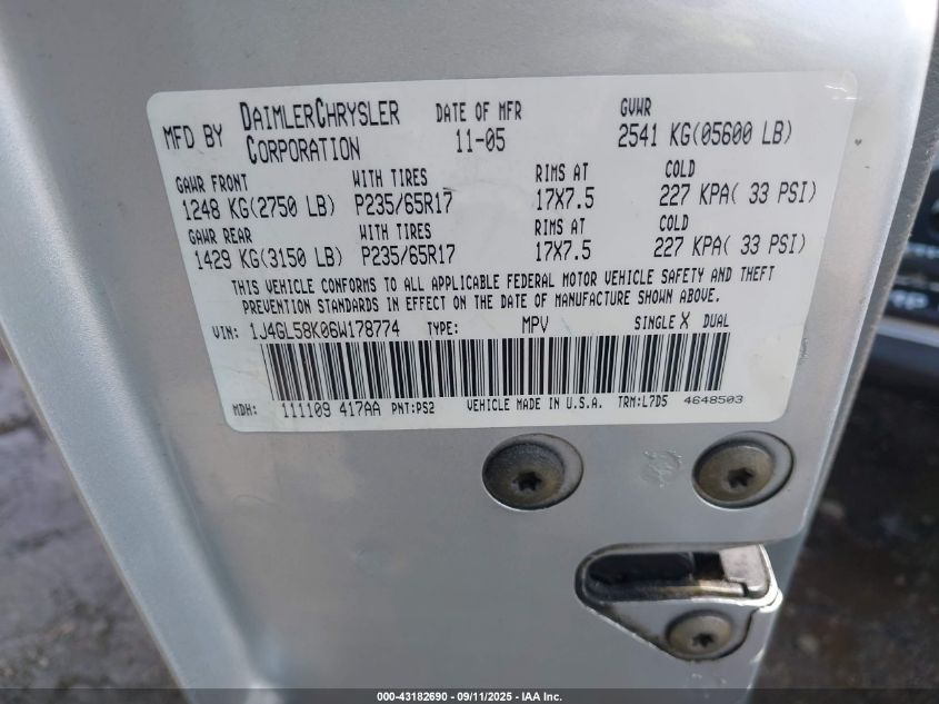 2006 Jeep Liberty Limited Edition VIN: 1J4GL58K06W178774 Lot: 43182690