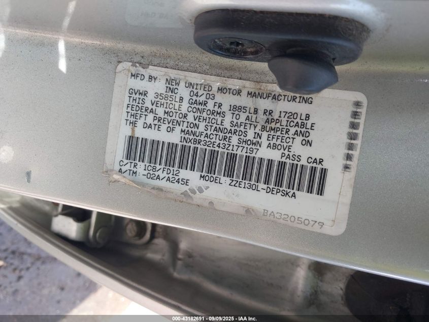 2003 Toyota Corolla S VIN: 1NXBR32E43Z177197 Lot: 43182691