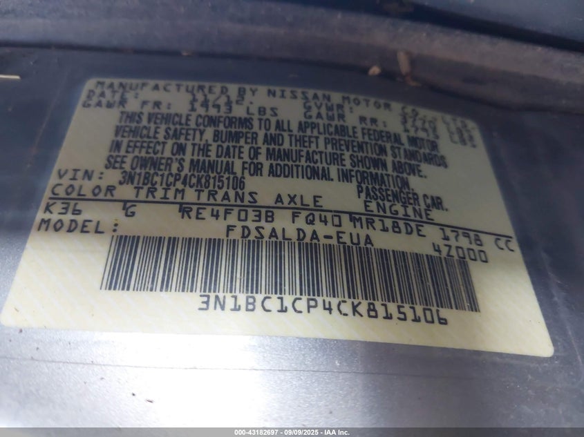 2012 Nissan Versa 1.8 S VIN: 3N1BC1CP4CK815106 Lot: 43182697