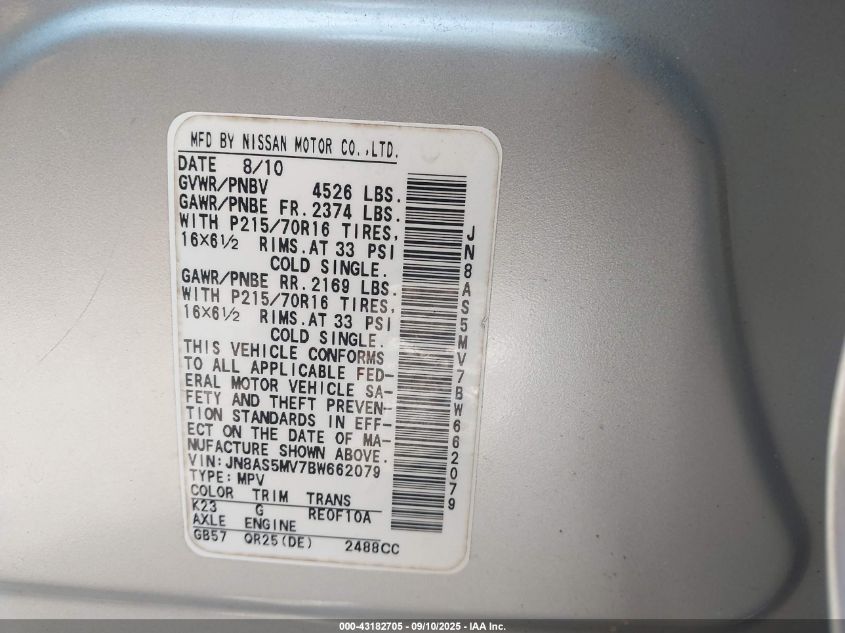 2011 Nissan Rogue S VIN: JN8AS5MV7BW662079 Lot: 43182705