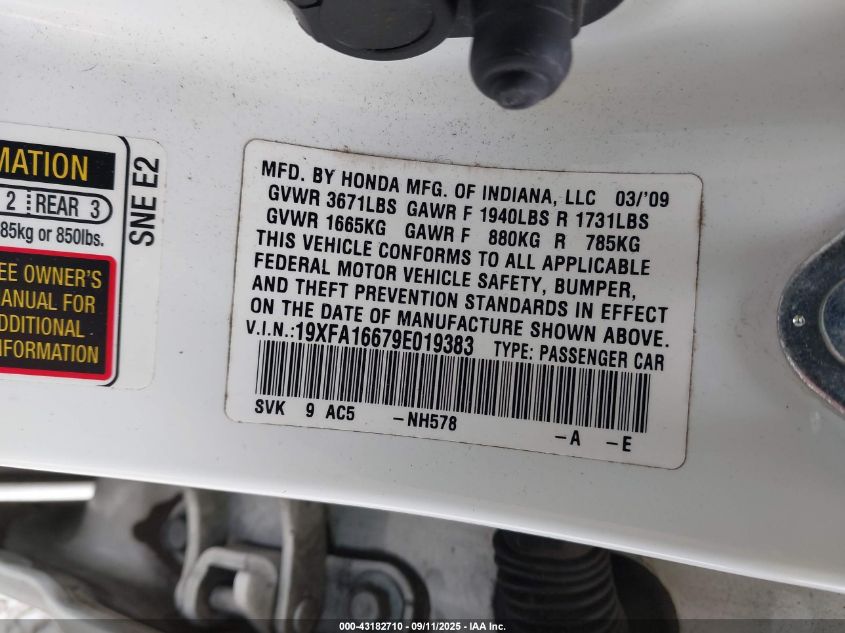 2009 Honda Civic Lx-S VIN: 19XFA16679E019383 Lot: 43182710