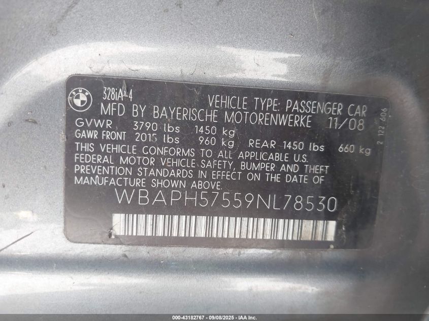 2009 BMW 328I VIN: WBAPH57559NL78530 Lot: 43182767